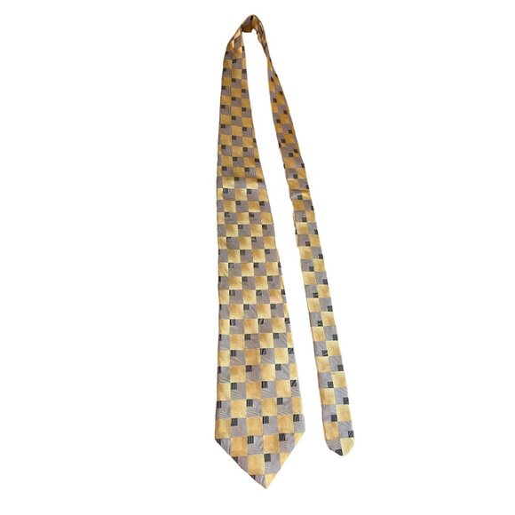 Stafford Mens Silk Neck Tie Made in USA Gold Gray Square Geometric Work Dad Tie - Picture 1 of 5